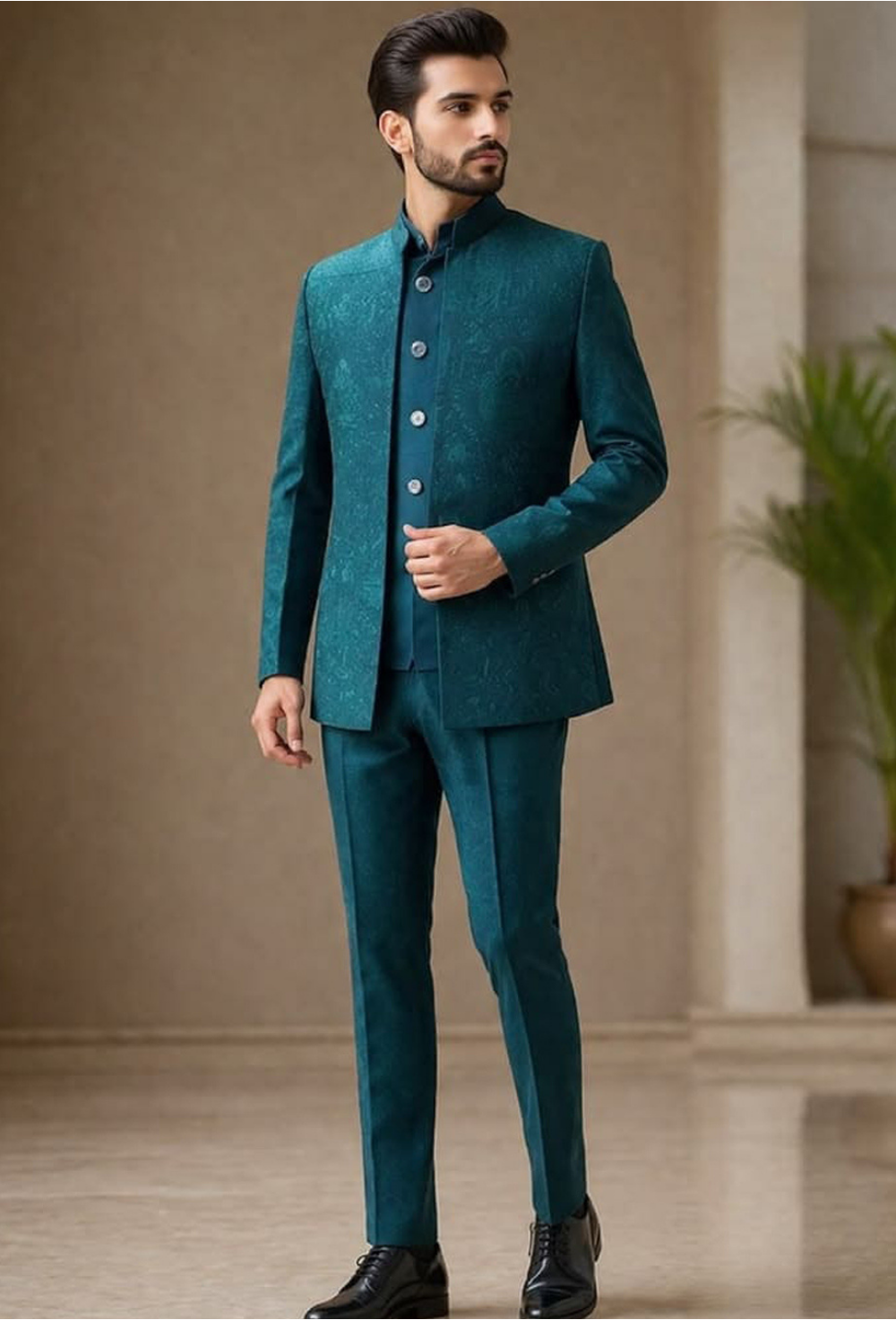 Premium Teal Blue Jacquard Bandhgala Suit