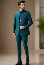 Premium Teal Blue Jacquard Bandhgala Suit