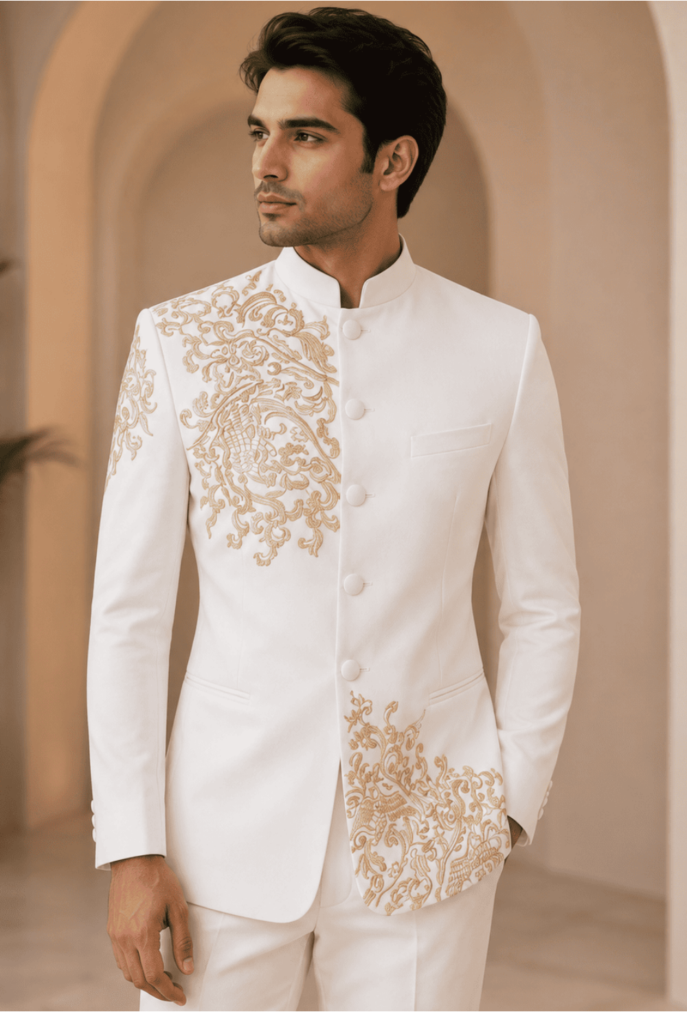 Premium White Gold Bandhgala Suit