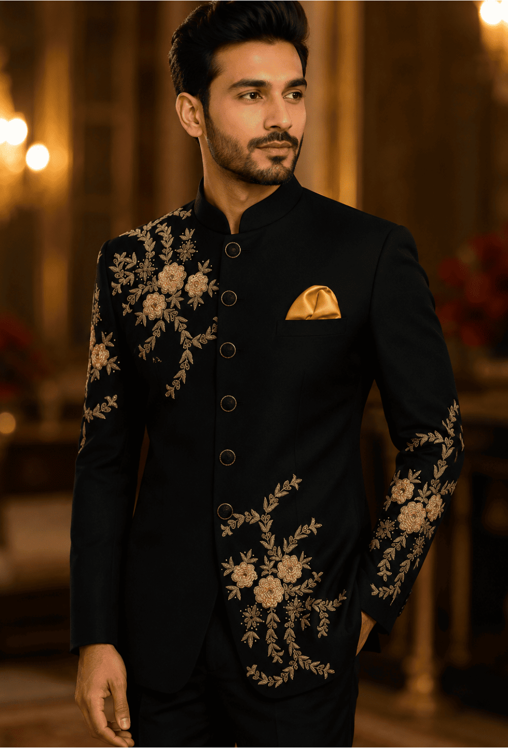 Royal Black Gold Embroidered Bandhgala Suit