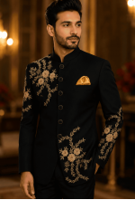 Royal Black Gold Embroidered Bandhgala Suit