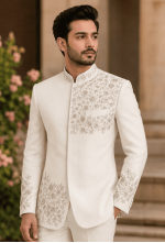 Ivory White Floral Embroidered Bandhgala Suit
