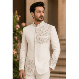 Ivory White Floral Embroidered Bandhgala Suit