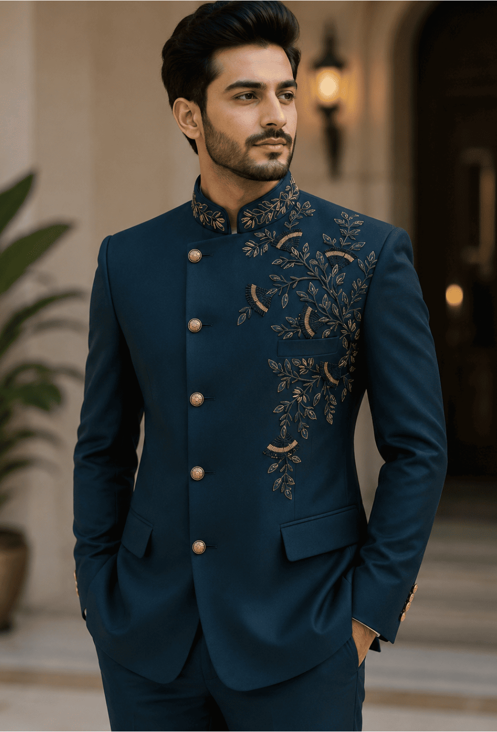 Royal Navy Blue Floral Embroidered Bandhgala Suit