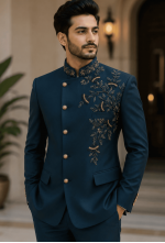 Royal Navy Blue Floral Embroidered Bandhgala Suit