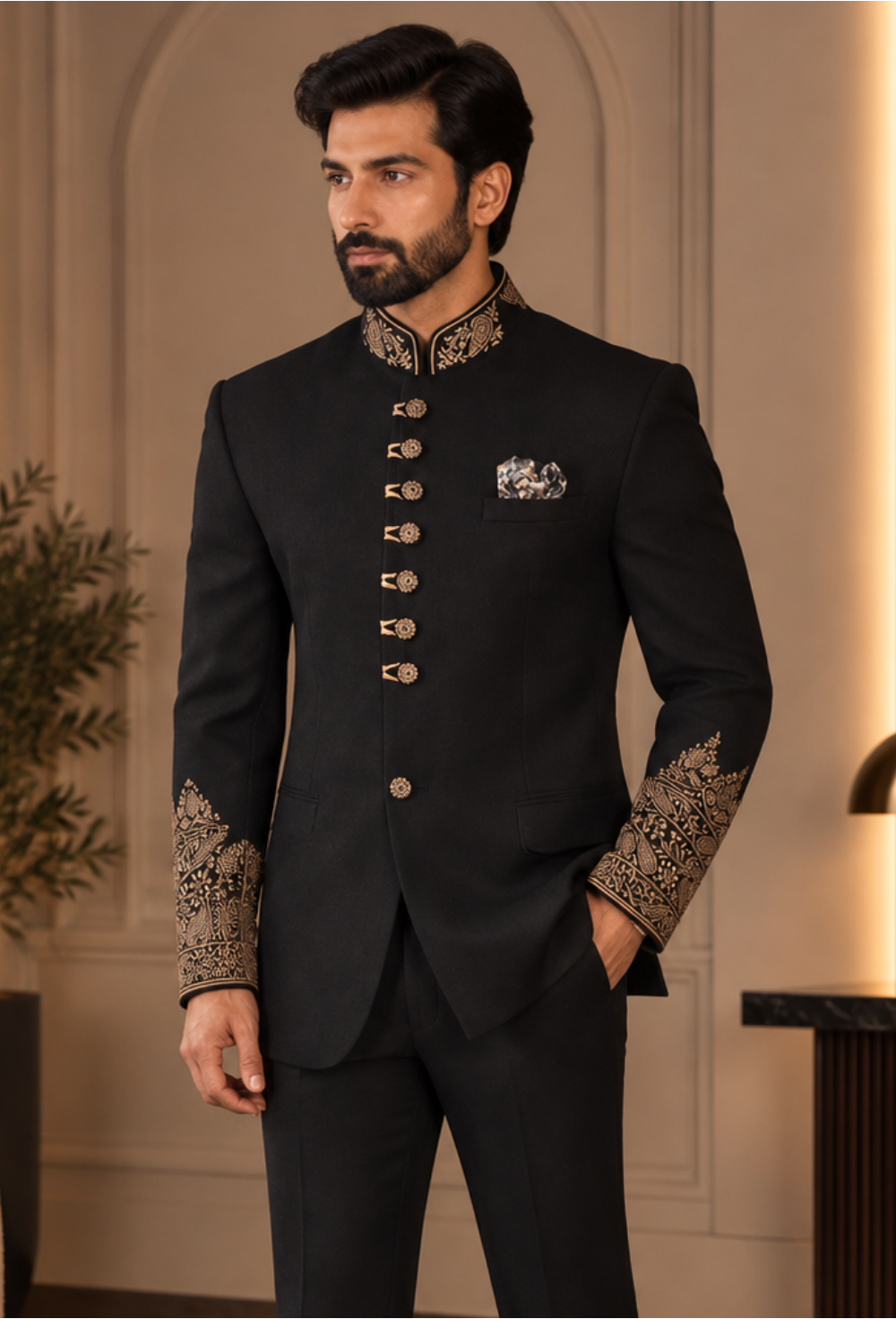 Royal Midnight Black Hand-Embroidered Bandhgala Jodhpuri Suit