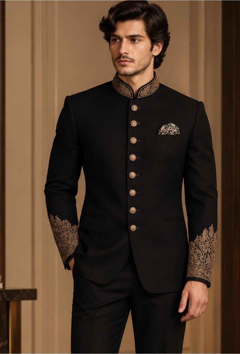 Sovereign Black Zari-Embroidered Bandhgala Suit
