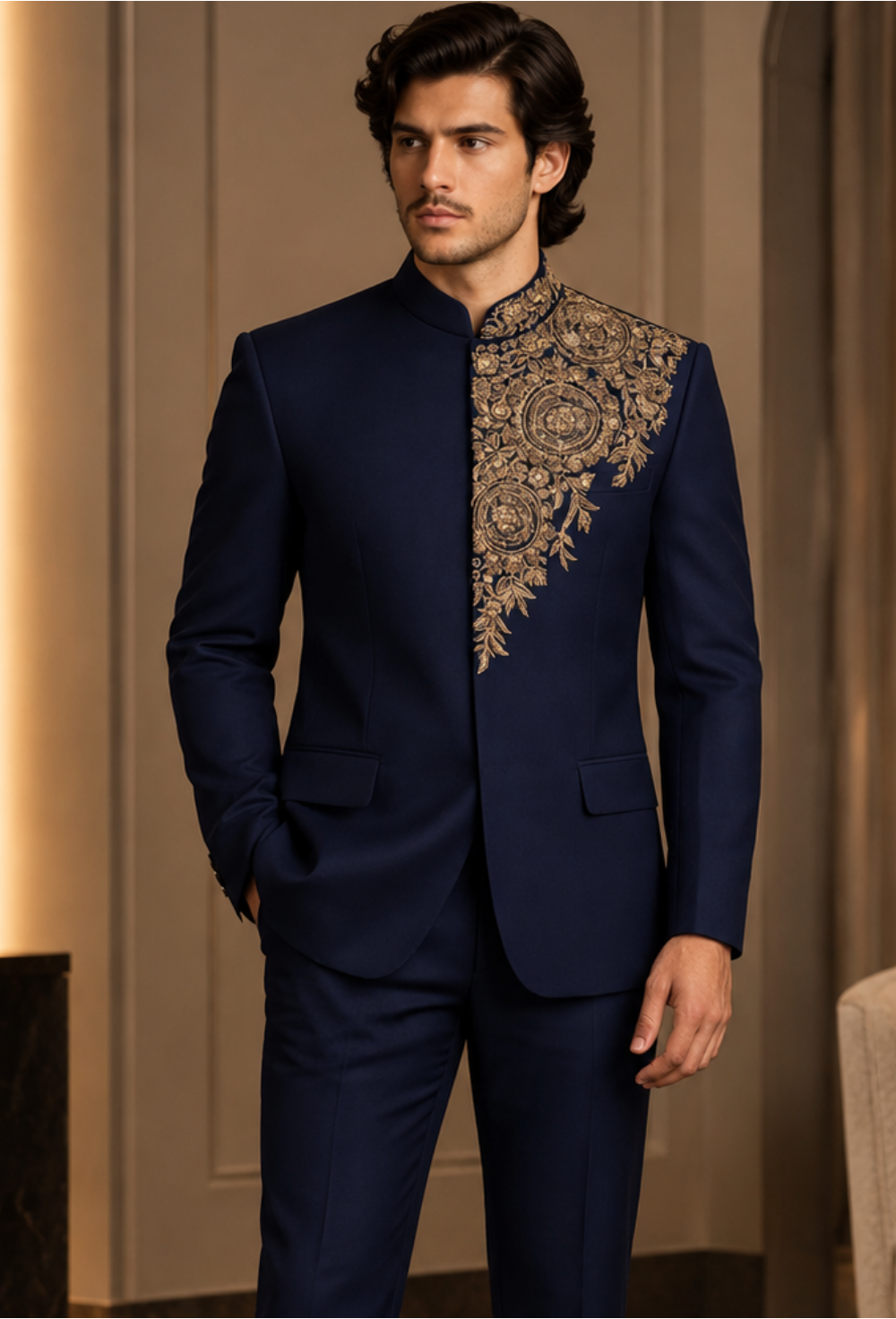 Royal Midnight Blue Asymmetric Embroidered Bandhgala Suit