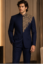 Royal Midnight Blue Asymmetric Embroidered Bandhgala Suit