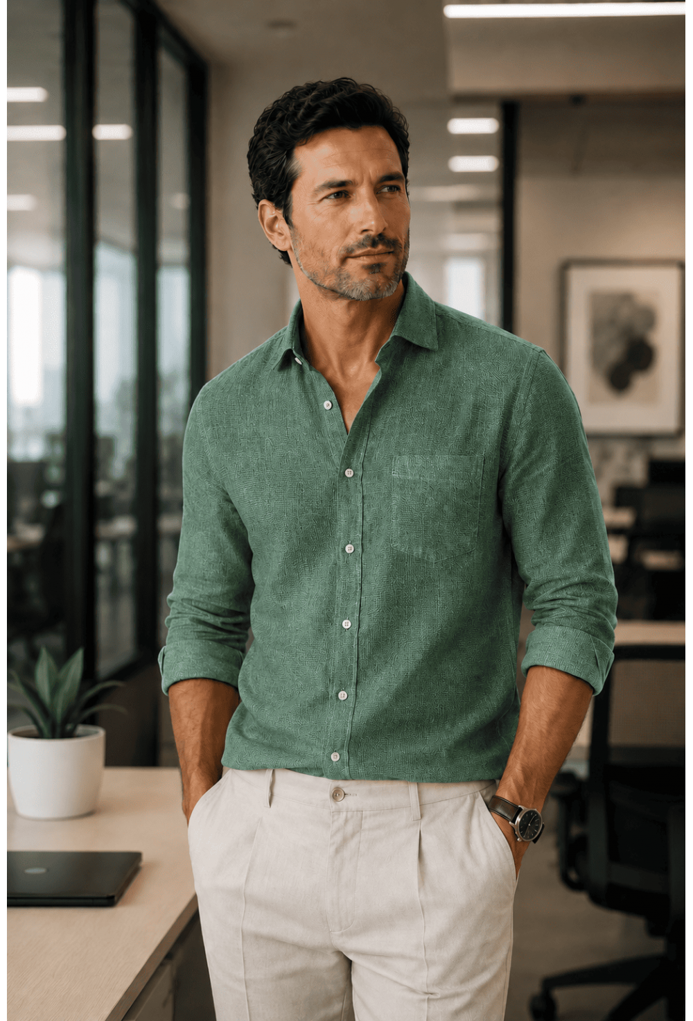 Men’s Textured Sea Green Linen