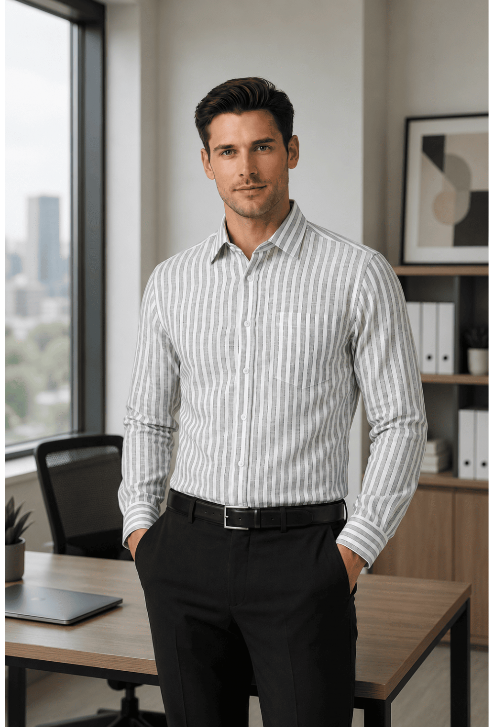 Classic Sage Grey Striped Linen