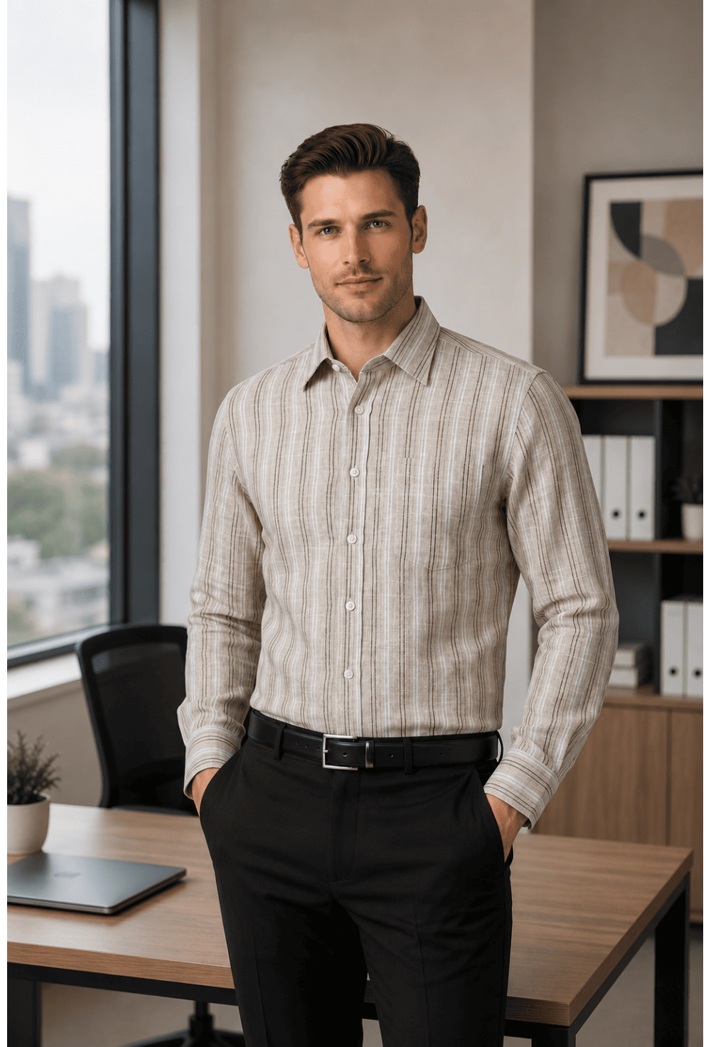 Classic Greige Striped Linen