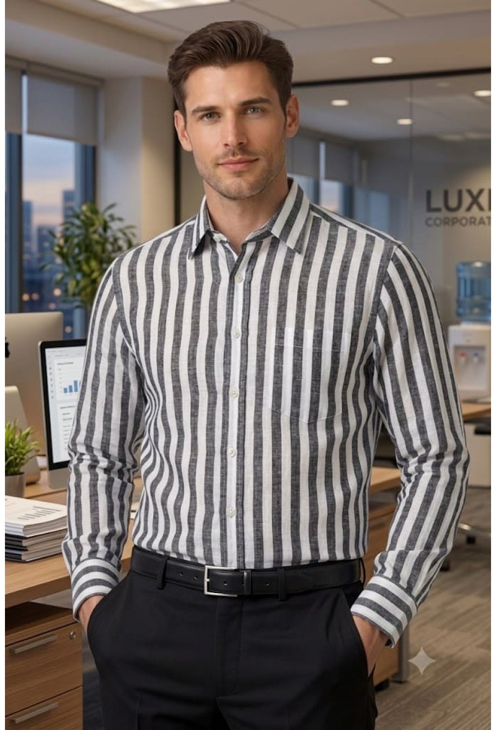 Classic Charcoal & White Striped Linen