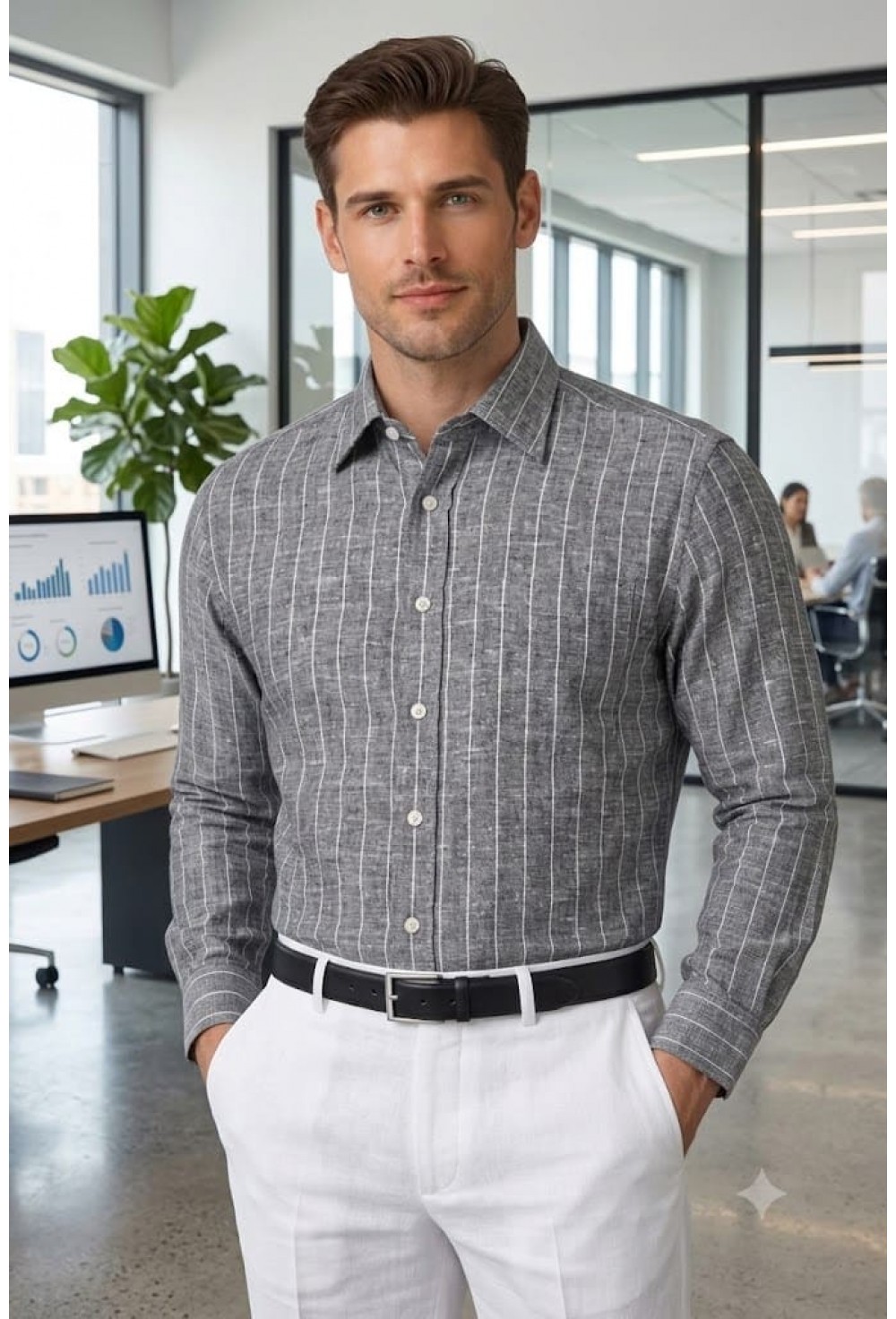 Classic Dark Grey & White Striped Linen