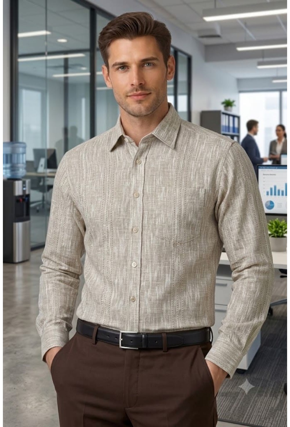 Classic Khaki Textured Striped Linen