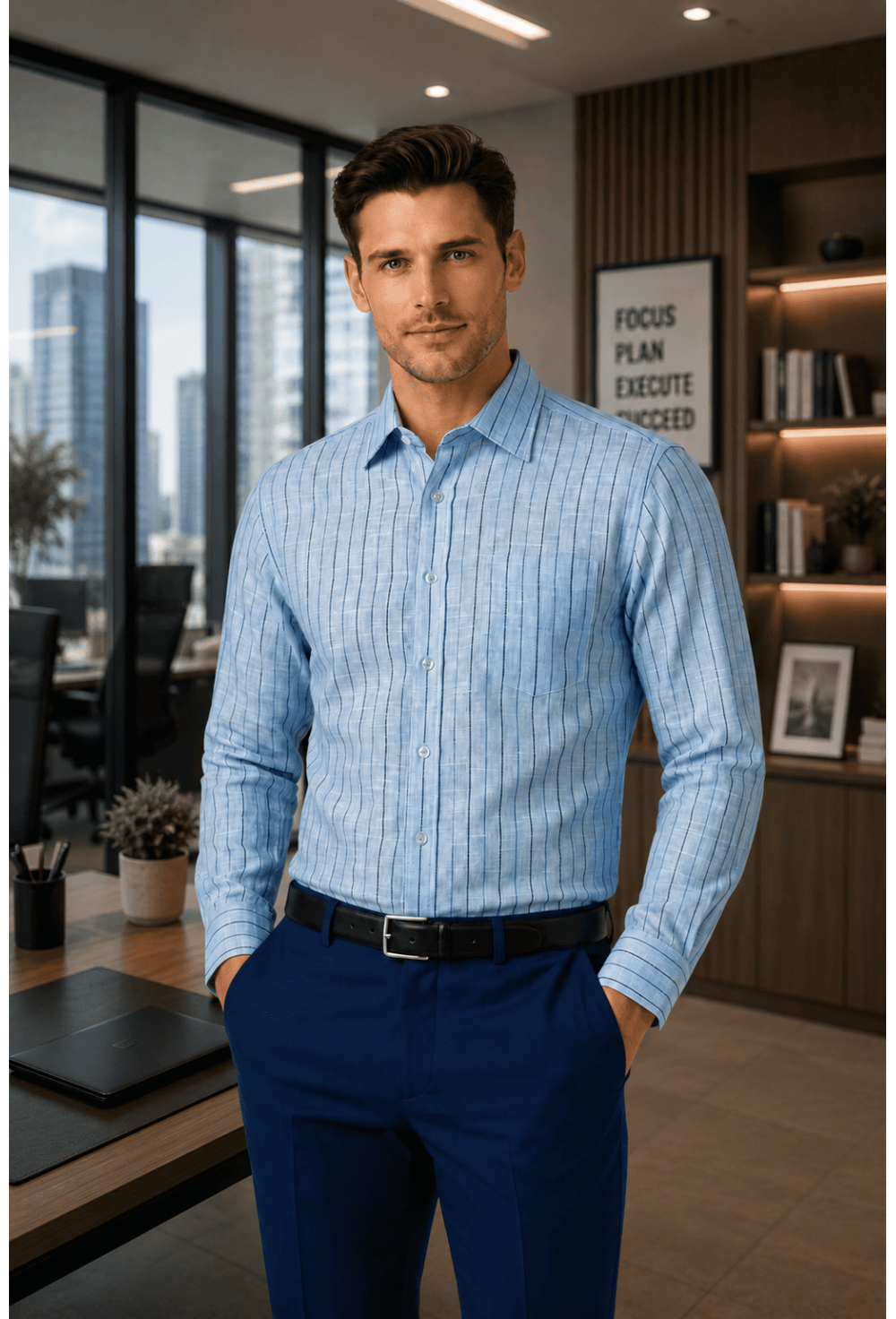 Classic Light Blue & Dark-Striped Linen