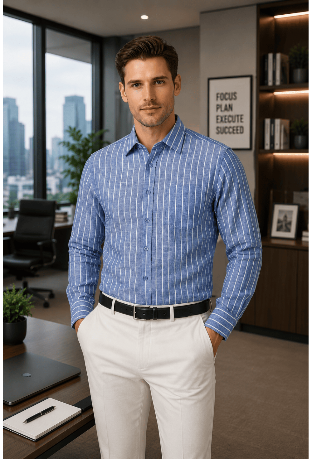 Classic Royal Blue Striped Linen