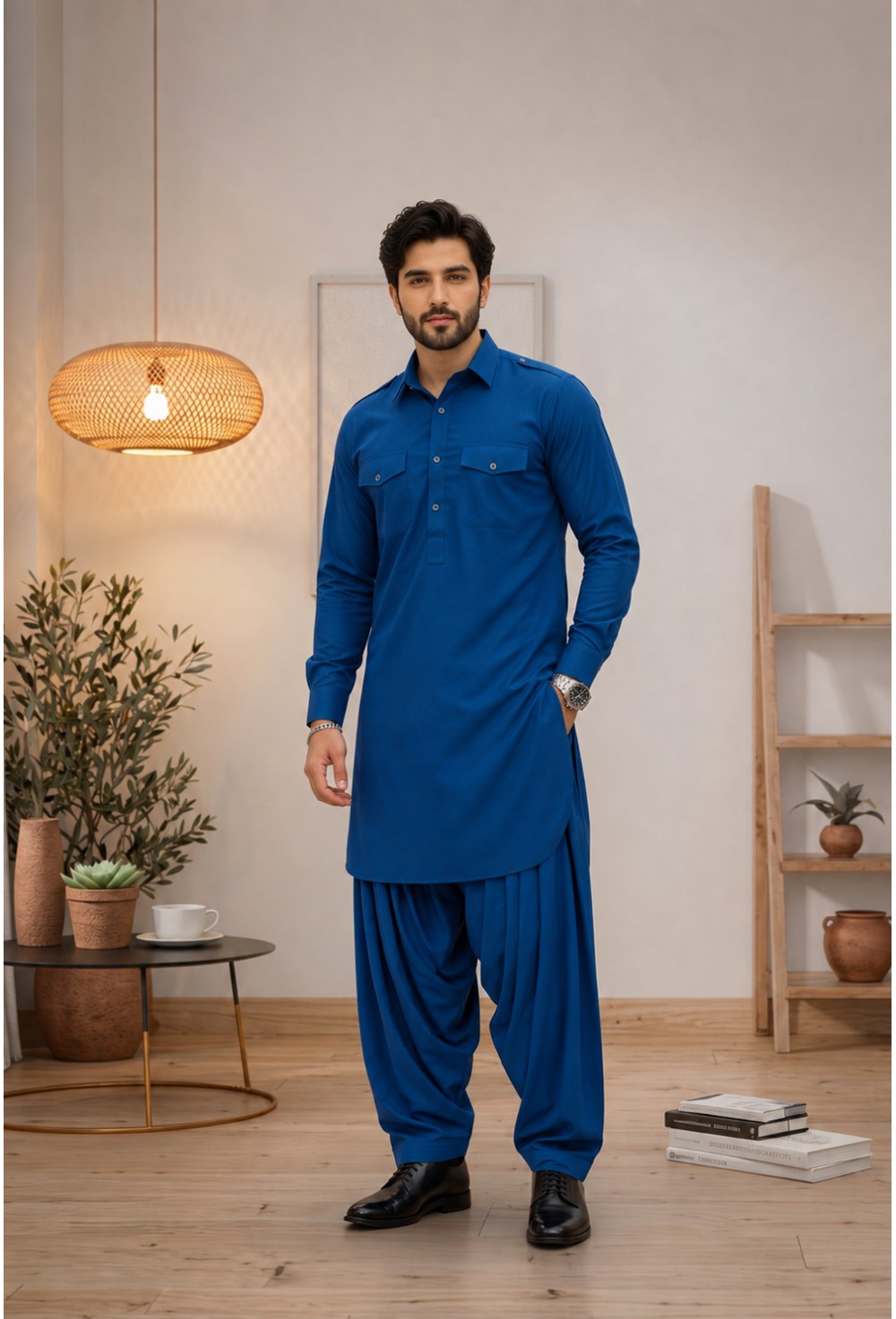 Royal Blue Japanese Cotton Pathani Kurta
