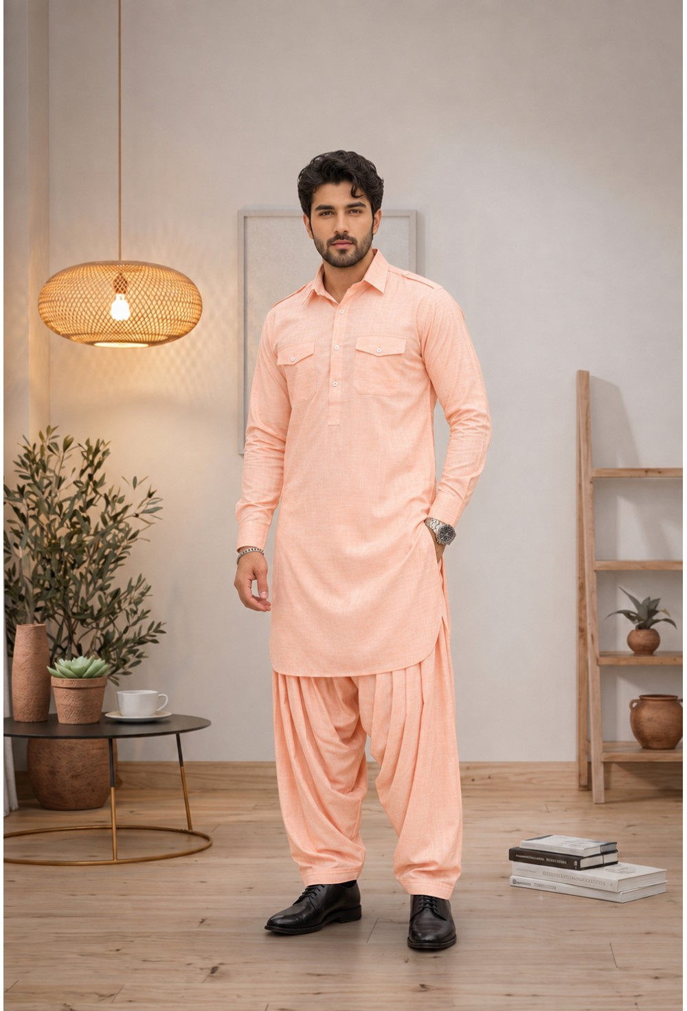 Classic Peach Slub Cotton Pathani Kurta