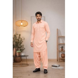 Classic Peach Slub Cotton Pathani Kurta