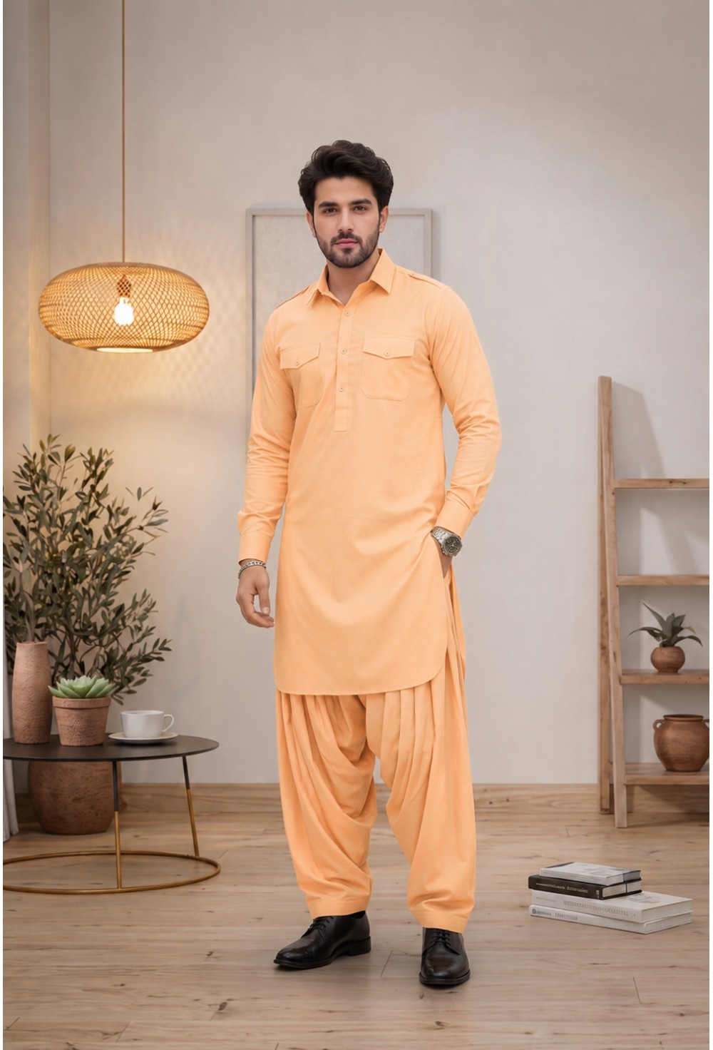 Pastel Peach Japanese Fabric Pathani Kurta