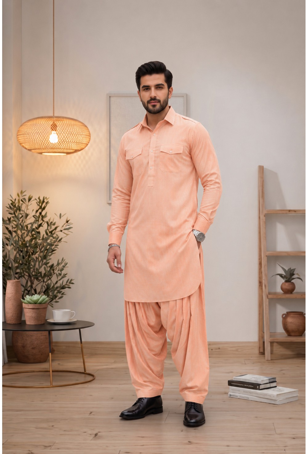 Textured Peach Japanese Giza Fabric Pathani Kurta