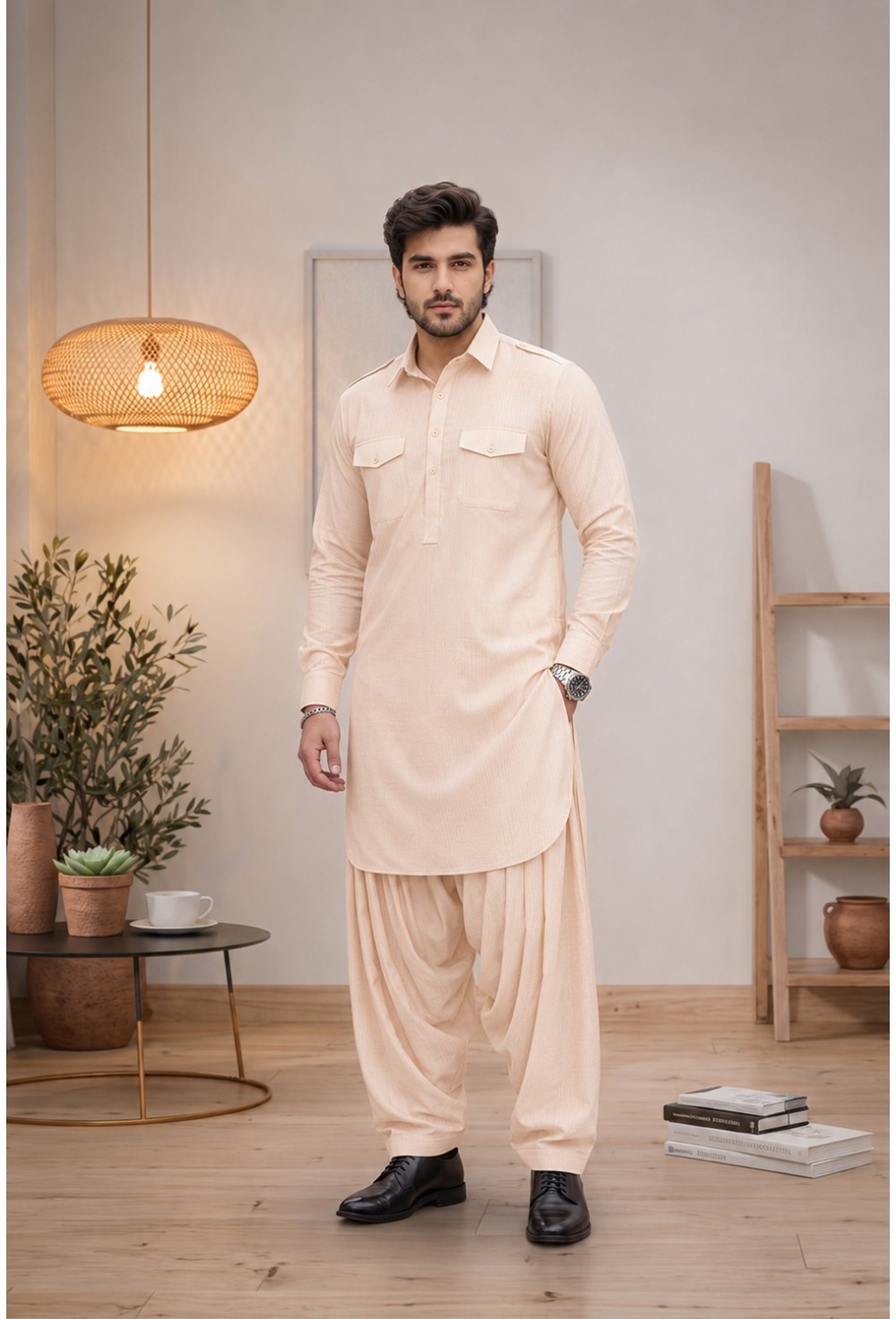 Light Cream Textured Japanese Giza Fabric Pathani Kurta