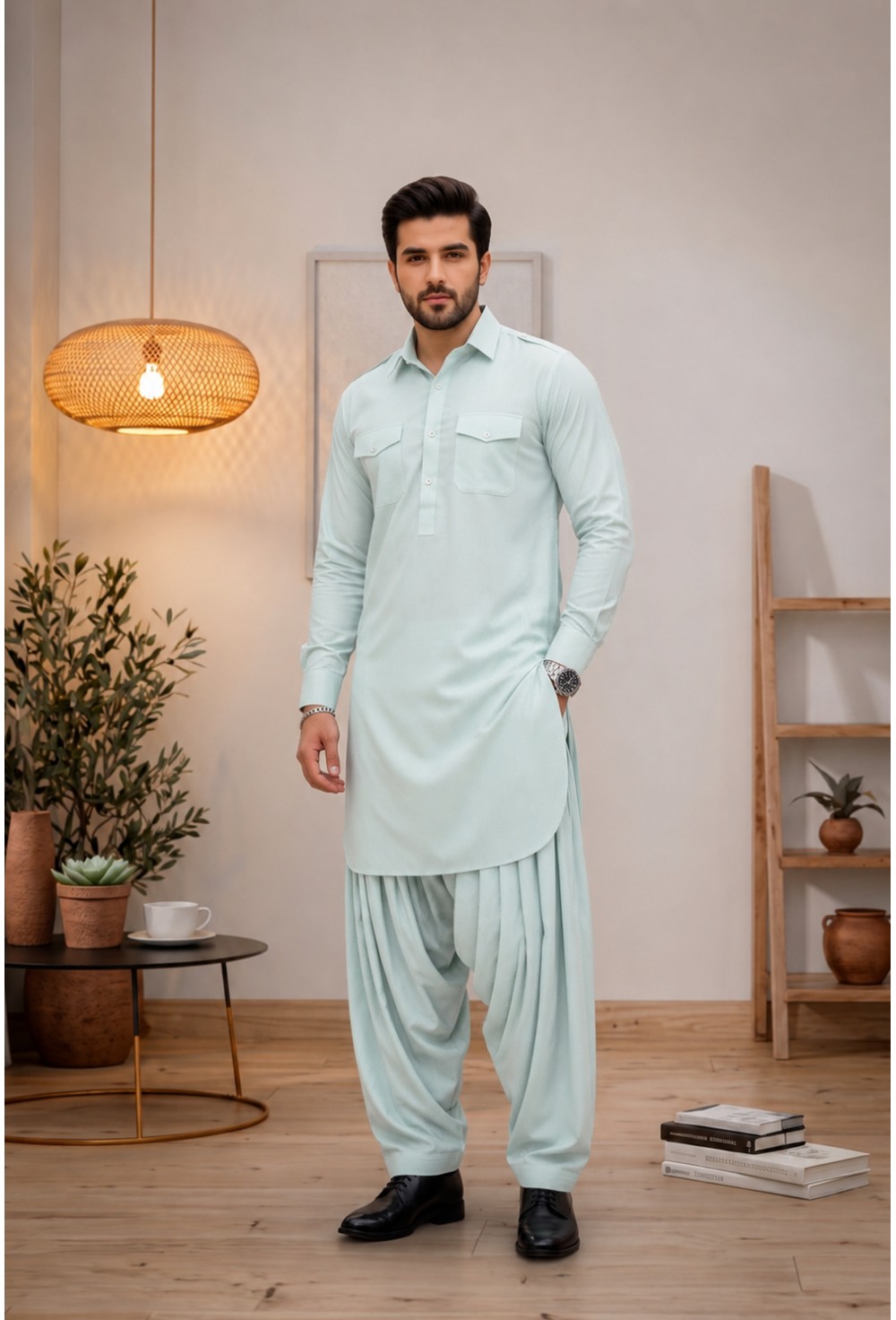 Green Textured Japanese Giza Fabric Pathani Kurta