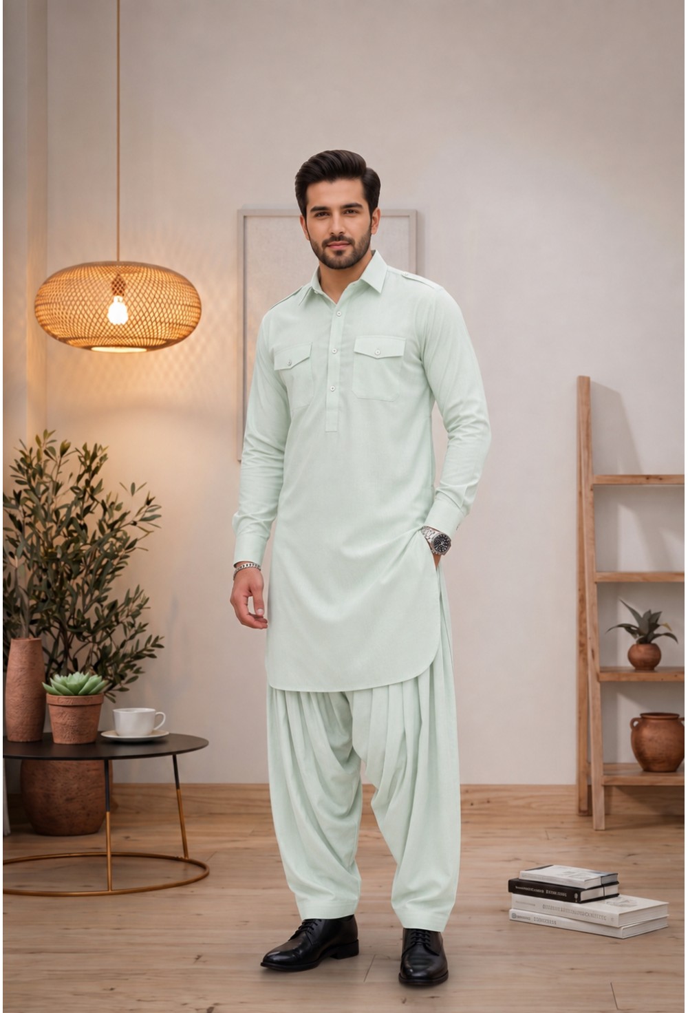 Mint Green Classic Japanese Cotton Pathani Kurta