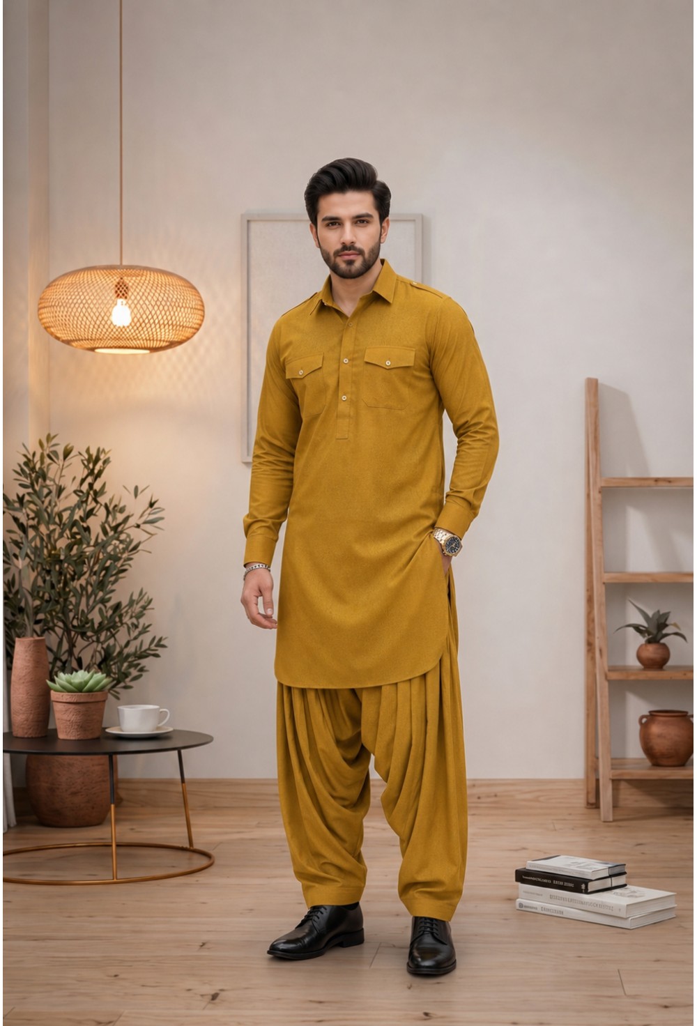 Mustard Yellow Classic Japanese Cotton Pathani Kurta
