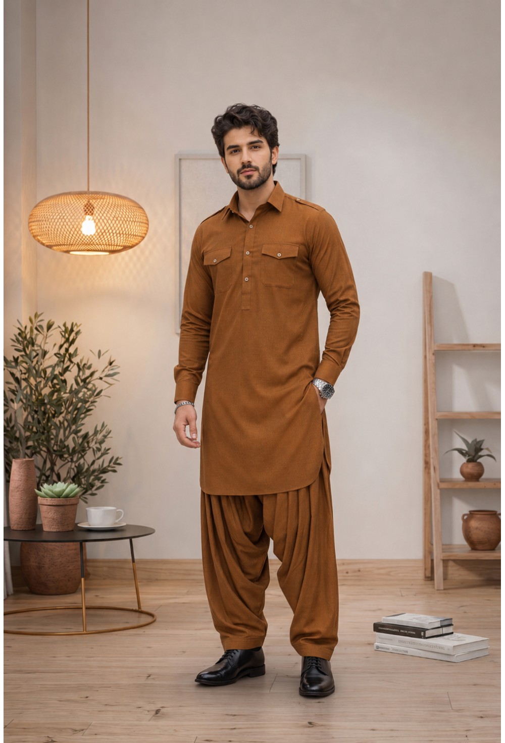 Men's Rust Ochre Brown Japanese Giza Cotton Pathani Kurta