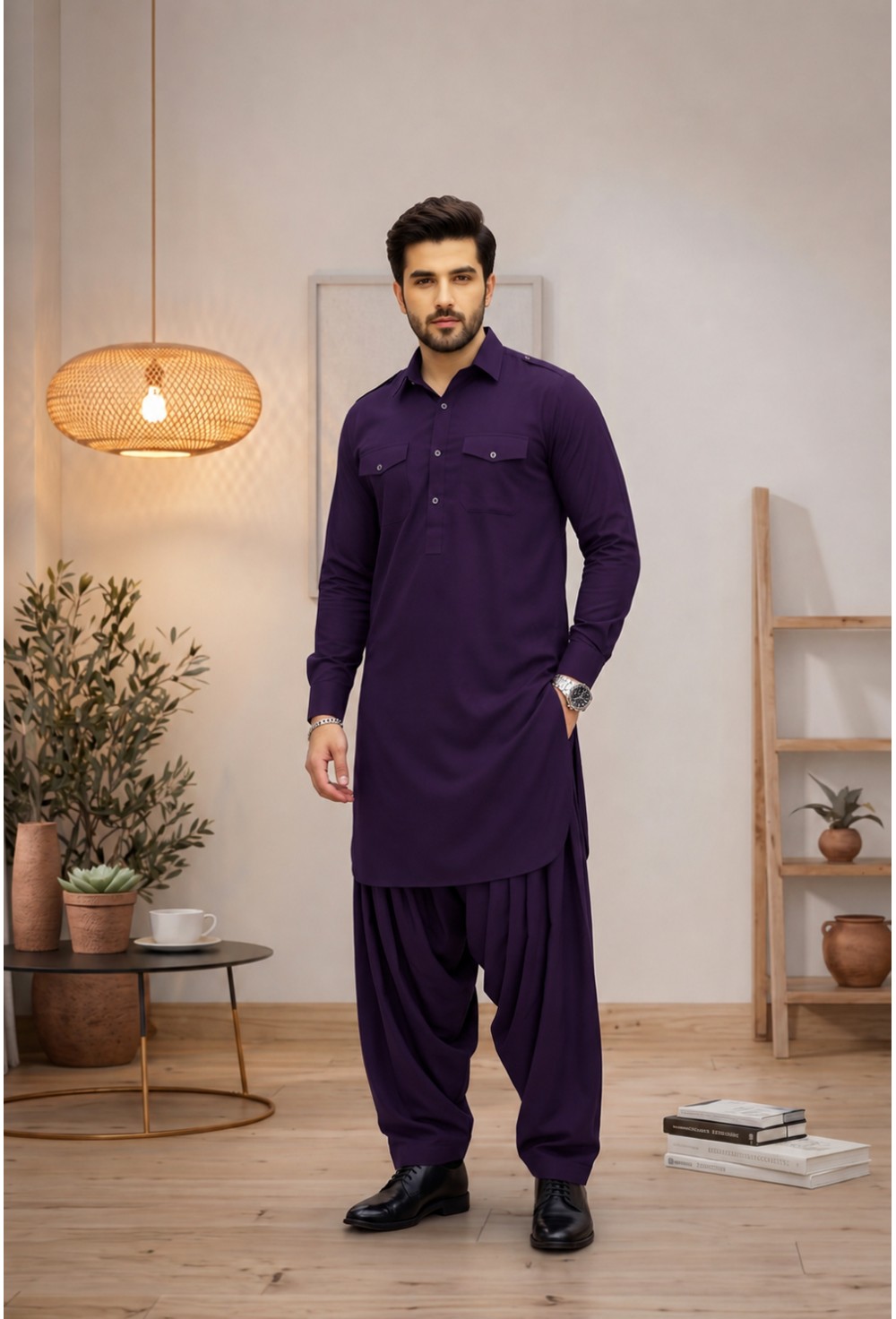 Men's Royal Aubergine Purple Japanese Giza Cotton Pathani Kurta