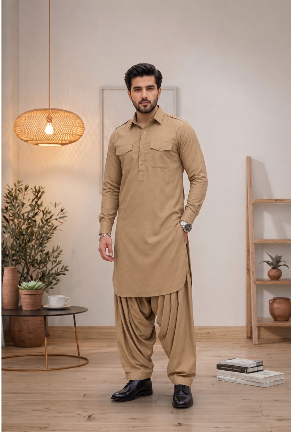 Men's Camel Khaki Japanese Giza Cotton Pathani Kurta