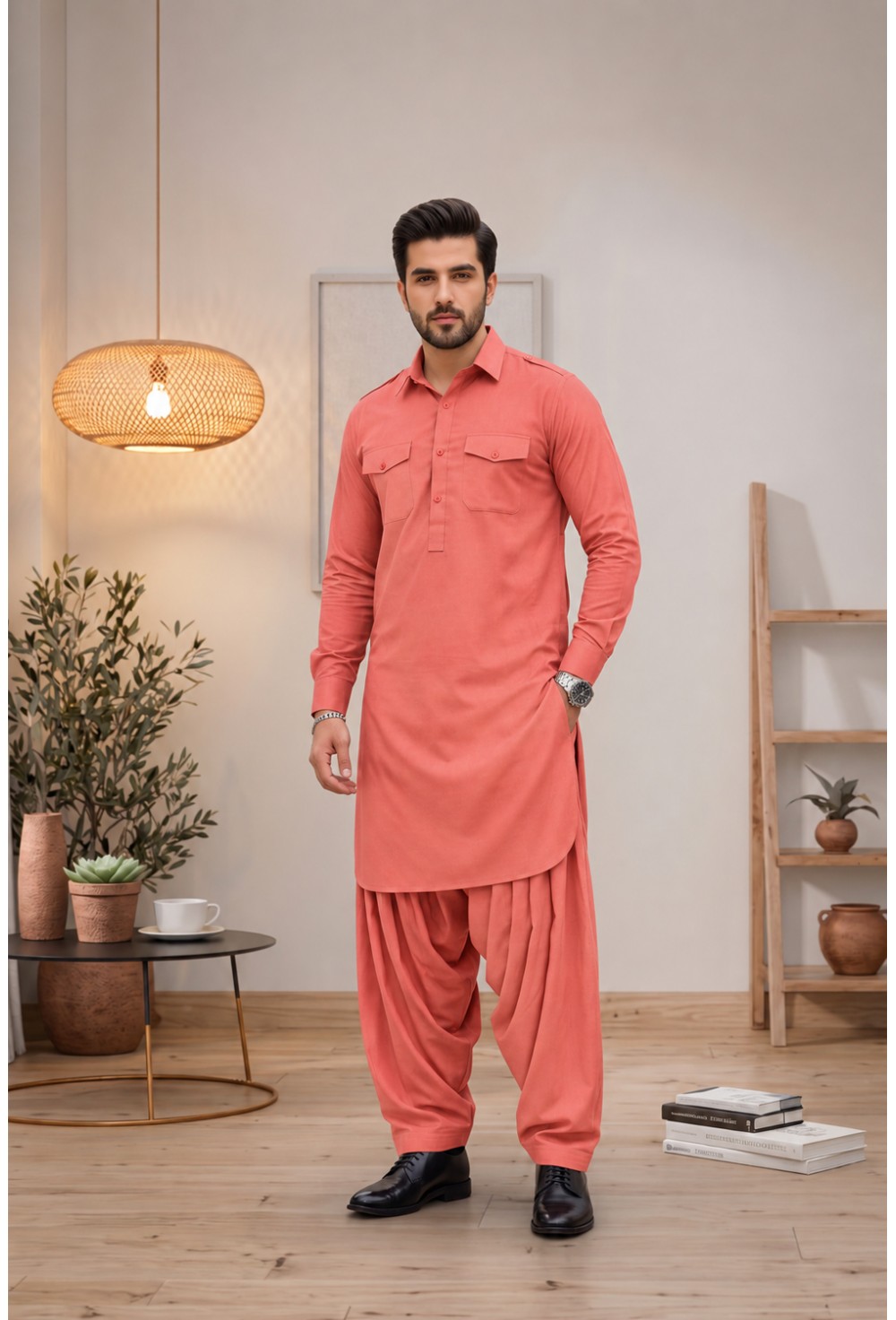 Men's Coral Salmon Pink Japanese Giza Cotton Pathani Kurta