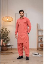 Men's Coral Salmon Pink Japanese Giza Cotton Pathani Kurta