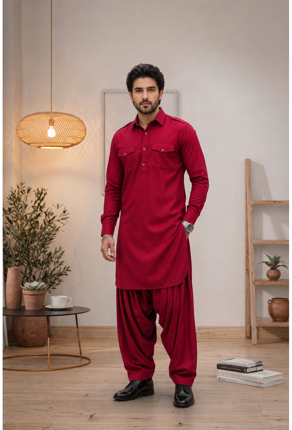 Men's Crimson Ruby Red Japanese Giza Cotton Pathani Kurta