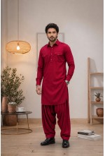 Men's Crimson Ruby Red Japanese Giza Cotton Pathani Kurta
