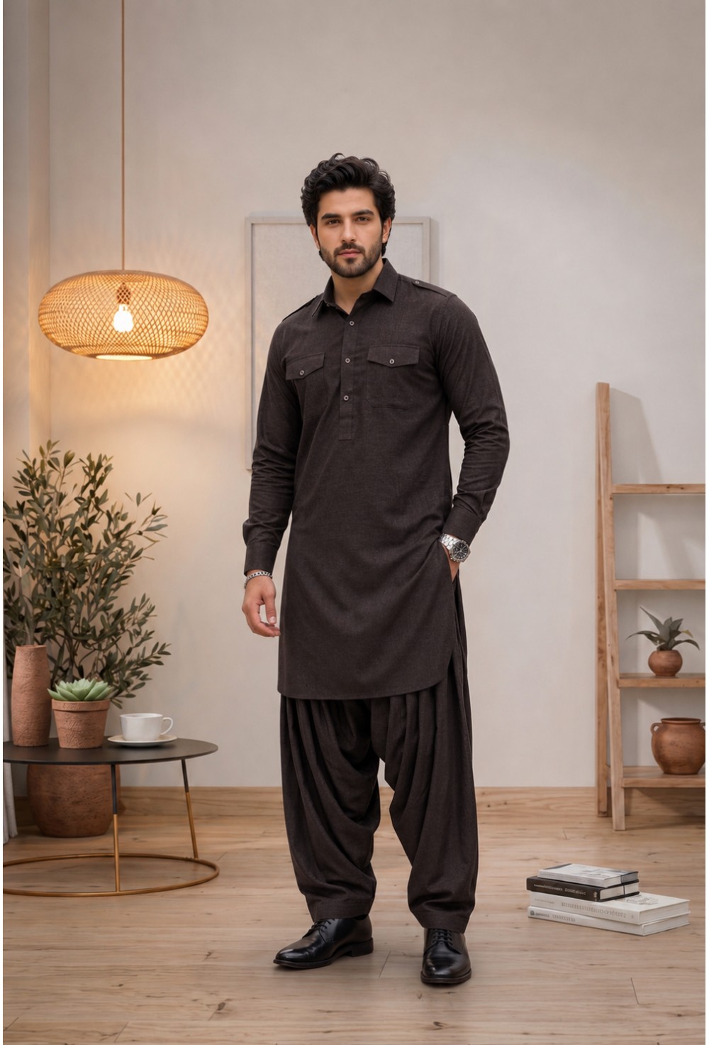 Men's Dark Coffee Brown Japanese Giza Cotton Pathani Kurta