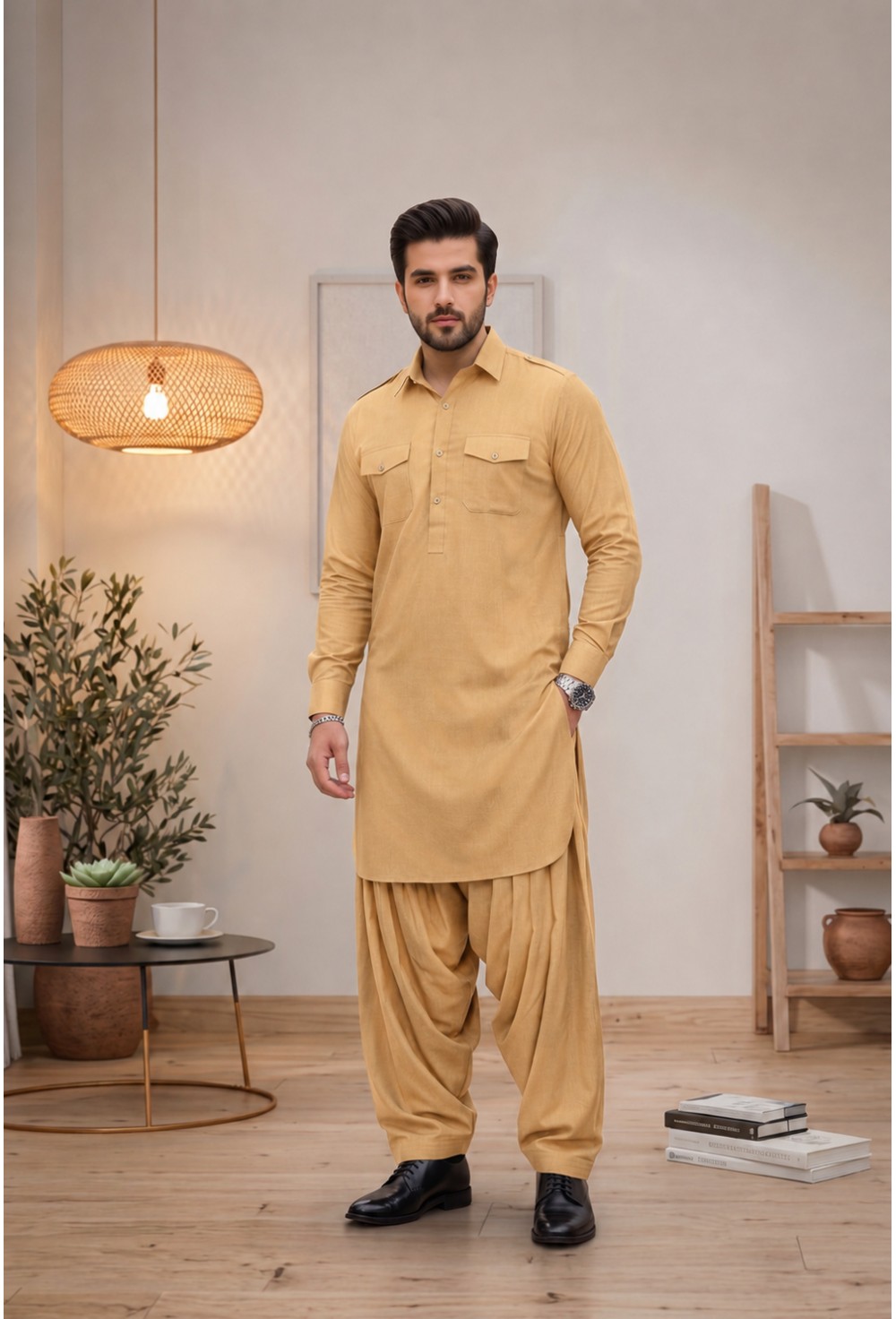 Men's Golden Mustard Japanese Giza Cotton Pathani Kurta