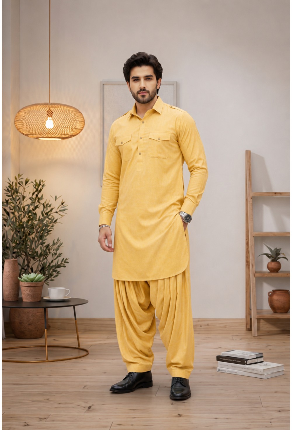 Men's Sunshine Yellow Japanese Giza Cotton Pathani Kurta 