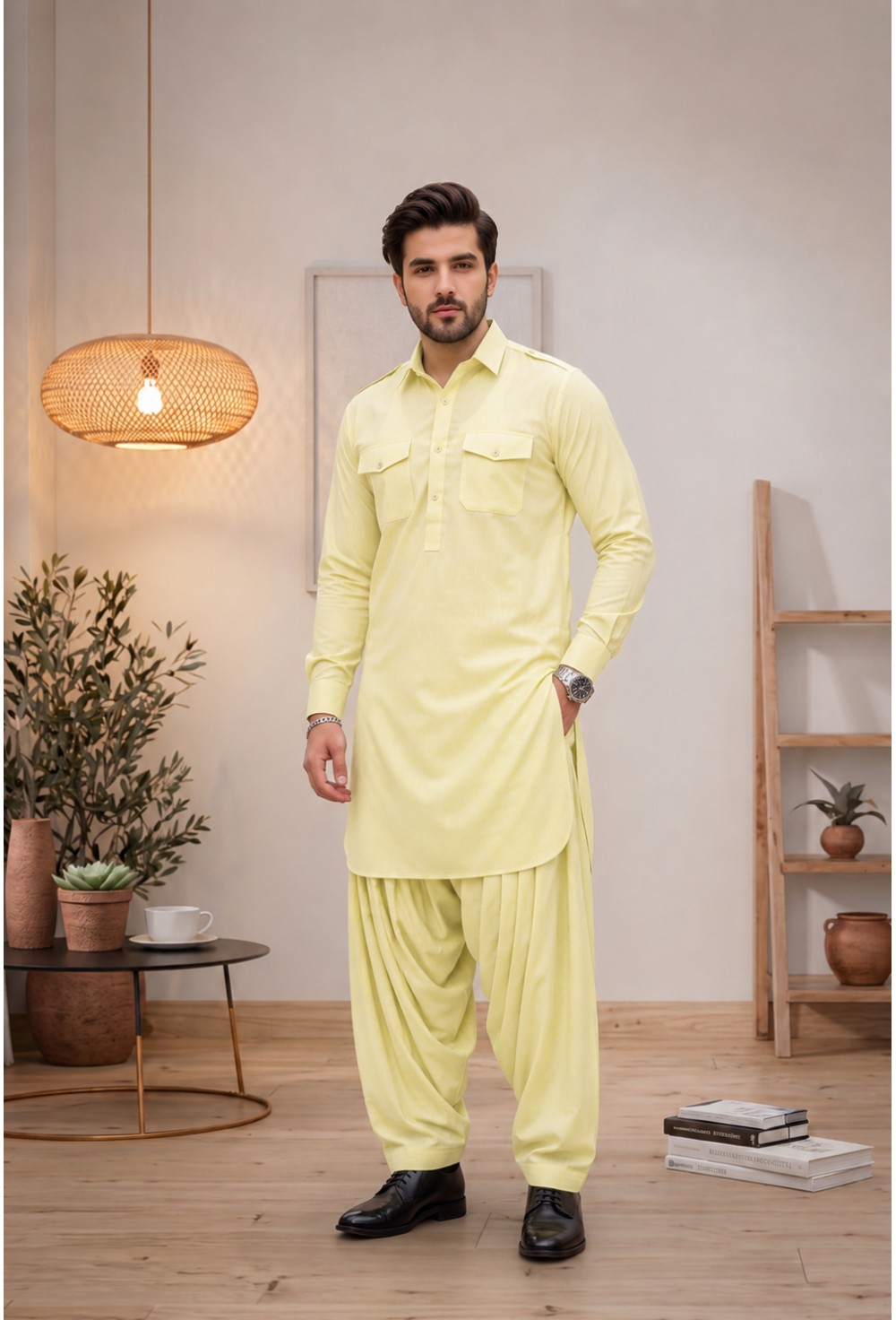 Men's Pastel Lemon Yellow Japanese Giza Cotton Pathani Kurta