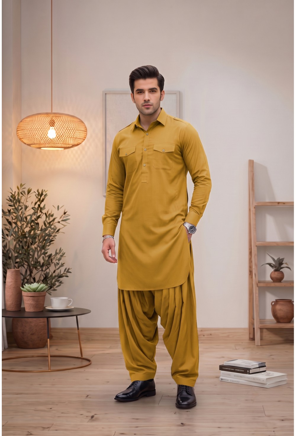 Men's Golden Ochre Yellow Japanese Giza Cotton Pathani Kurta