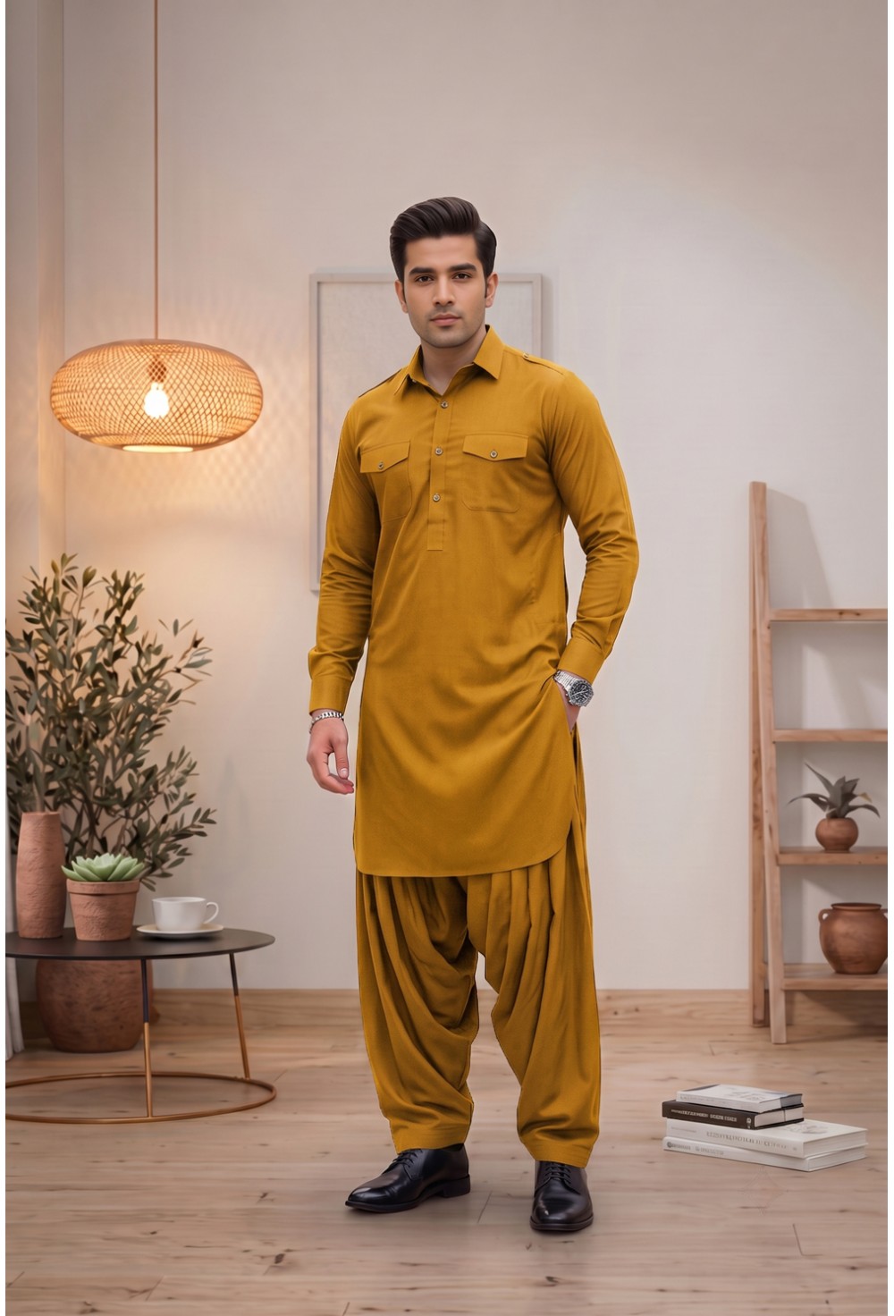 Men's Rich Antique Mustard Japanese Giza Cotton Pathani Kurta