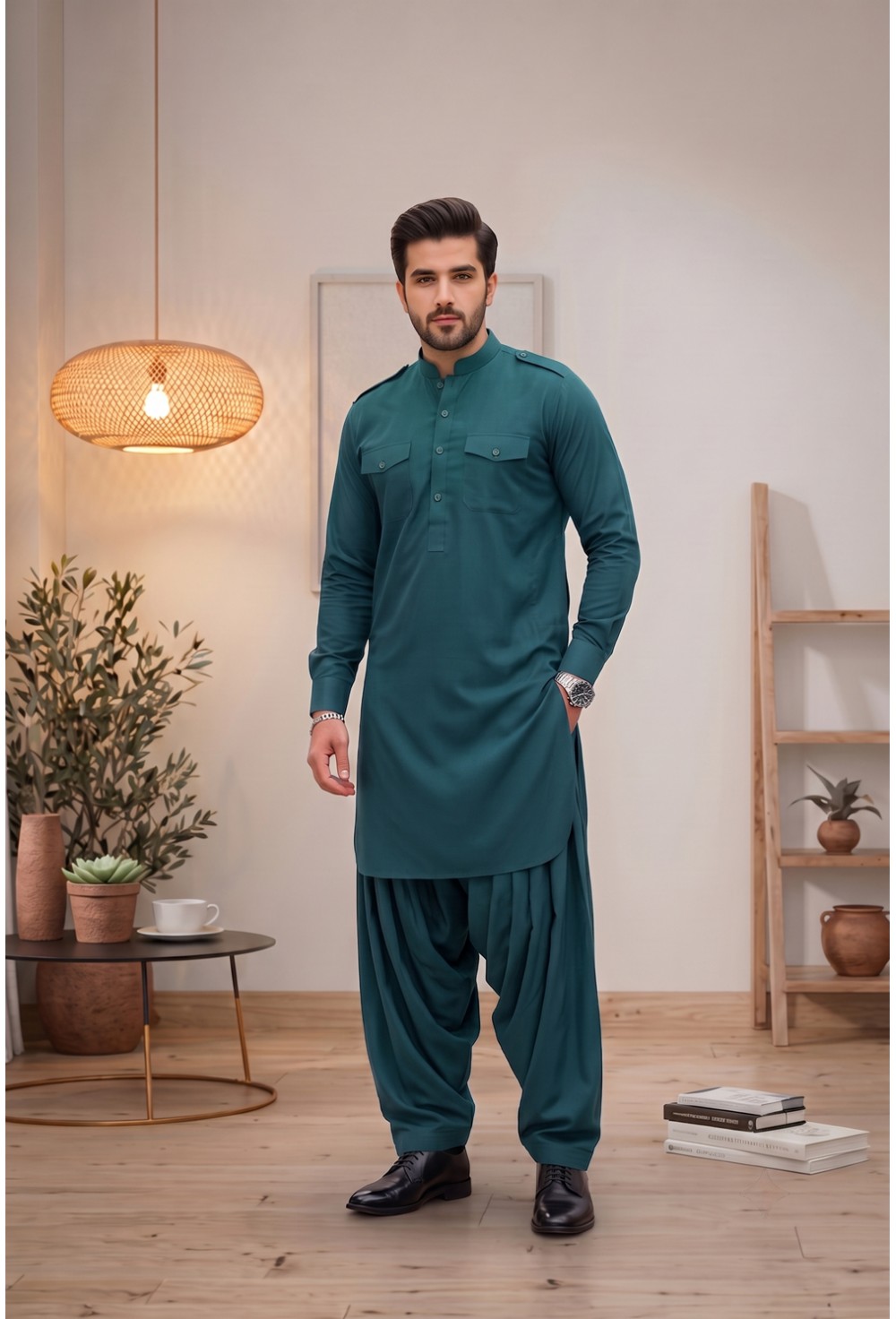 Men's Deep Teal Green Mandarin Collar Japanese Giza Cotton Pathani Kurta
