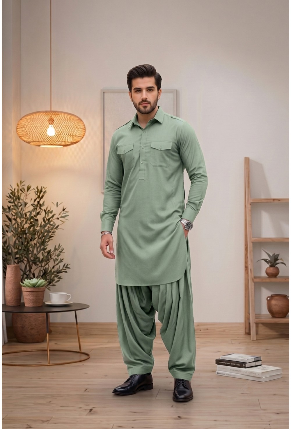 Men's Pastel Sage Green Japanese Giza Cotton Pathani Kurta