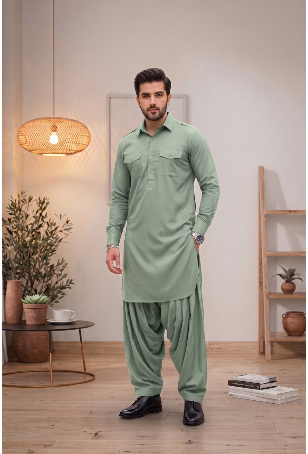 Men's Muted Pistachio Green Japanese Giza Cotton Pathani Kurta