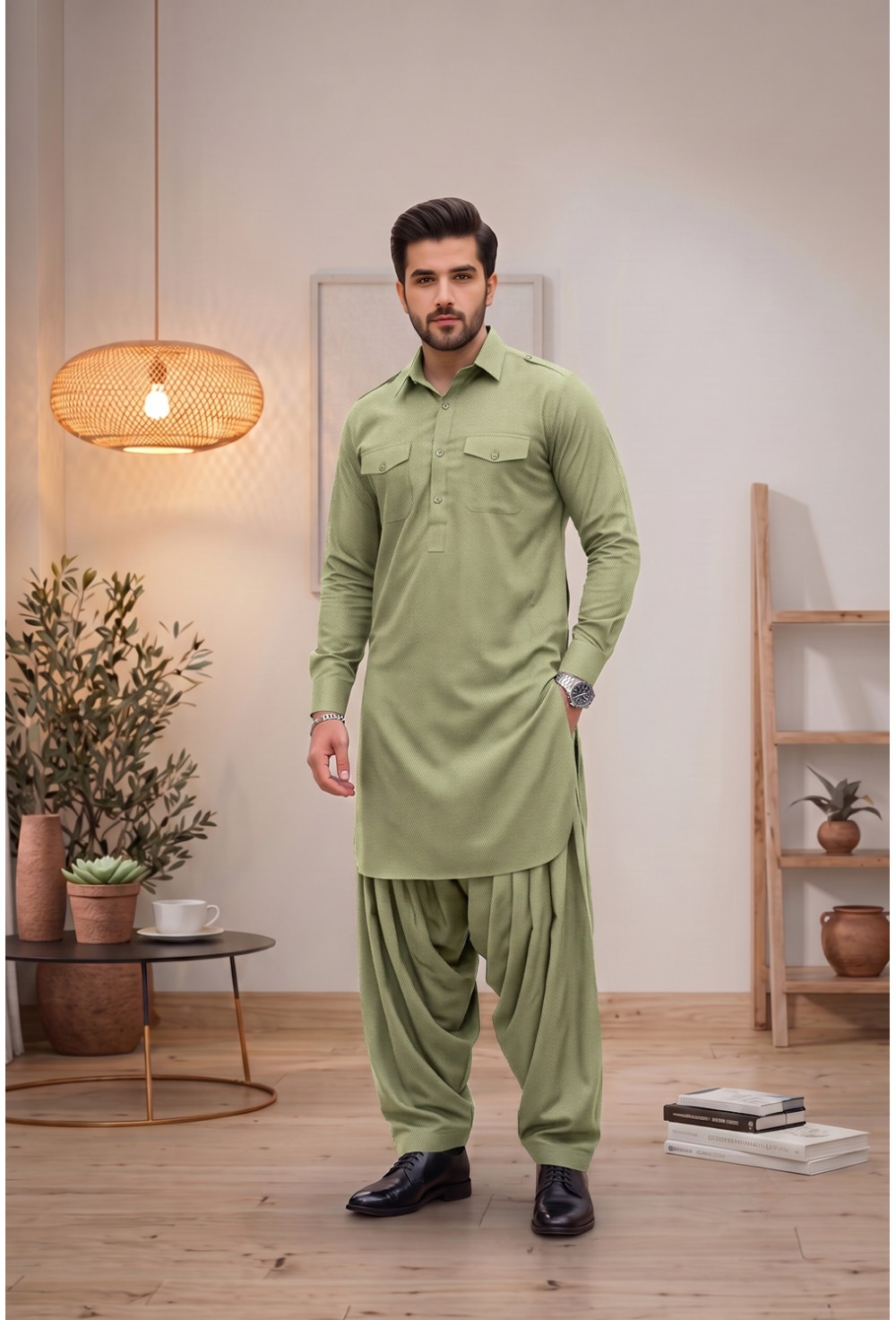 Men's Textured Olive Pistachio Green Japanese Giza Cotton Pathani Kurta