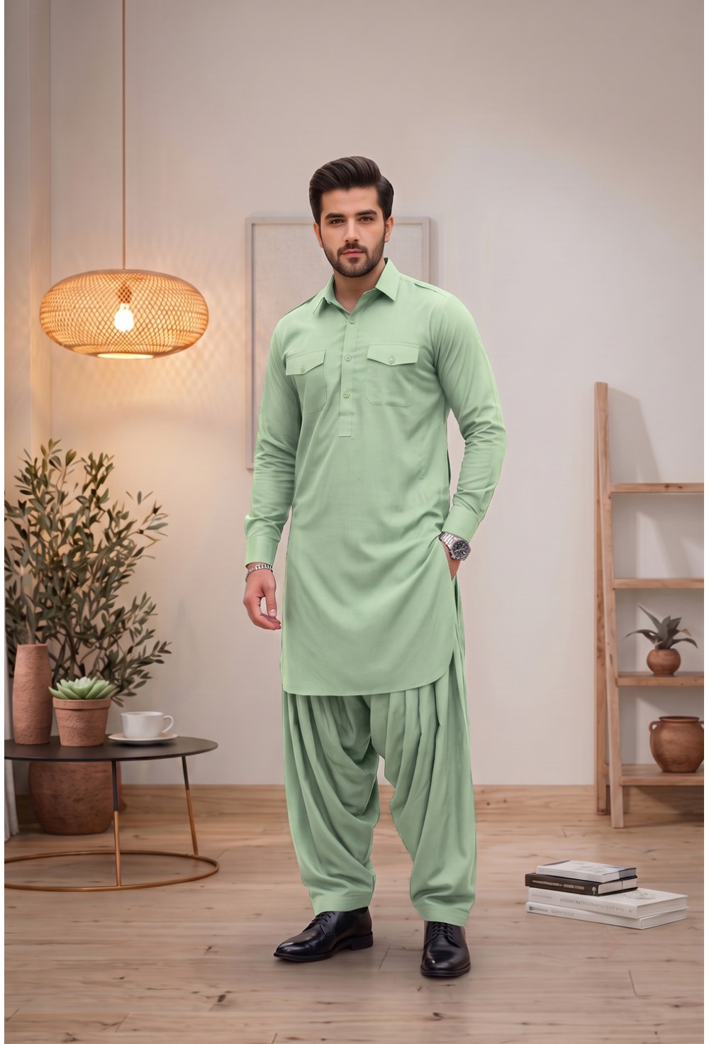 Men's Light Mint Green Japanese Giza Cotton Pathani Kurta