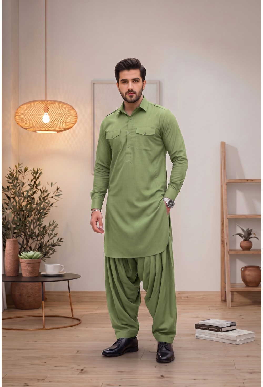 Men's Moss Green Japanese Giza Cotton Pathani Kurta
