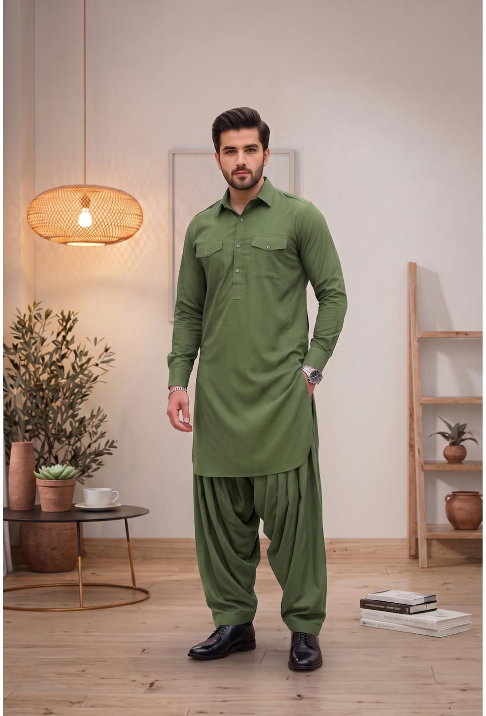 Men's Olive Meadow Green Japanese Giza Cotton Pathani Kurta